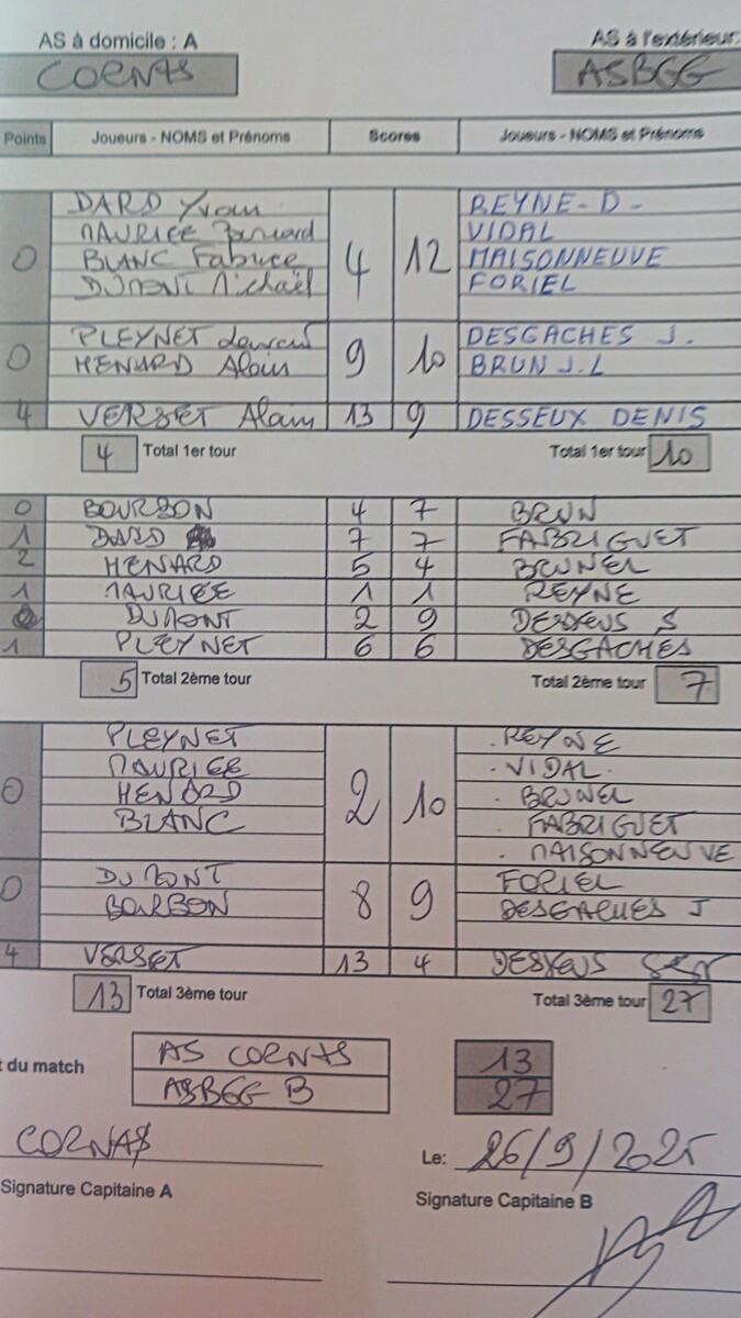 CHAMPIONNAT DES A.S 3/4 DIVISION 2025/2026 1ère Journée  feuille de match Cornas - Asb Guilherand-Granges