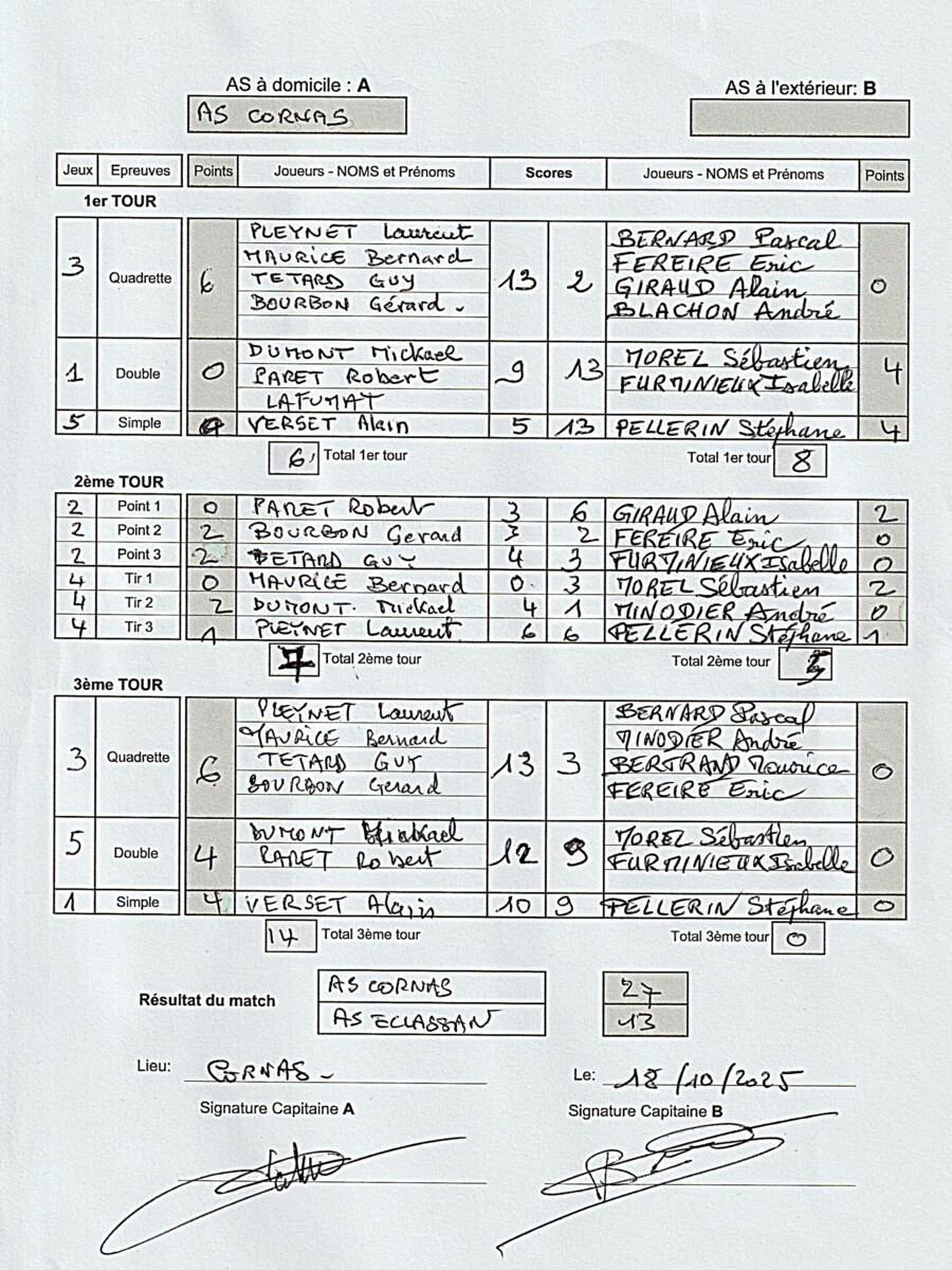 CHAMPIONNAT DES A.S 3/4 DIVISION 2025/2026 2ème Journée feuille de match Cornas - Eclassan