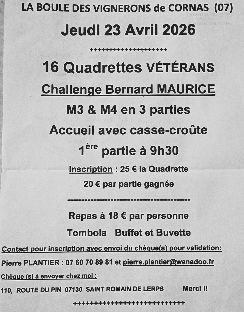 IL RESTE 2 PLACE POUR LE CHALLENGE BERNARD MAURICE