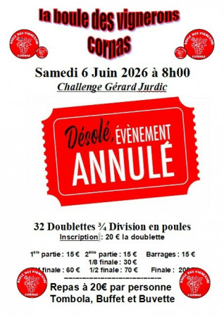La Boule des Vignerons vous annonce l'annulation du Challenge Gérard JURDIC 32D du 6 Juin prochain.
